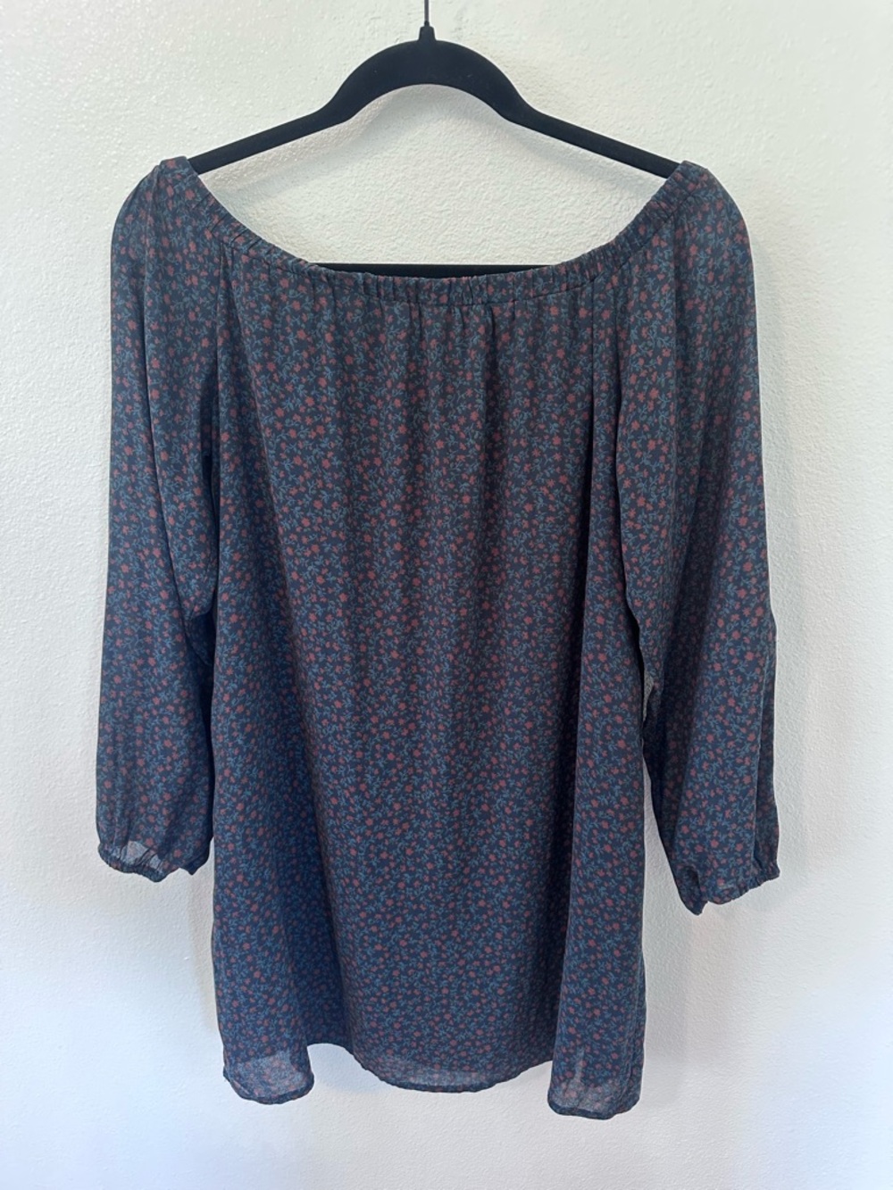 mahina Navy Blue Off-Shoulder Floral Long Sleeve Dress with Pink Motif